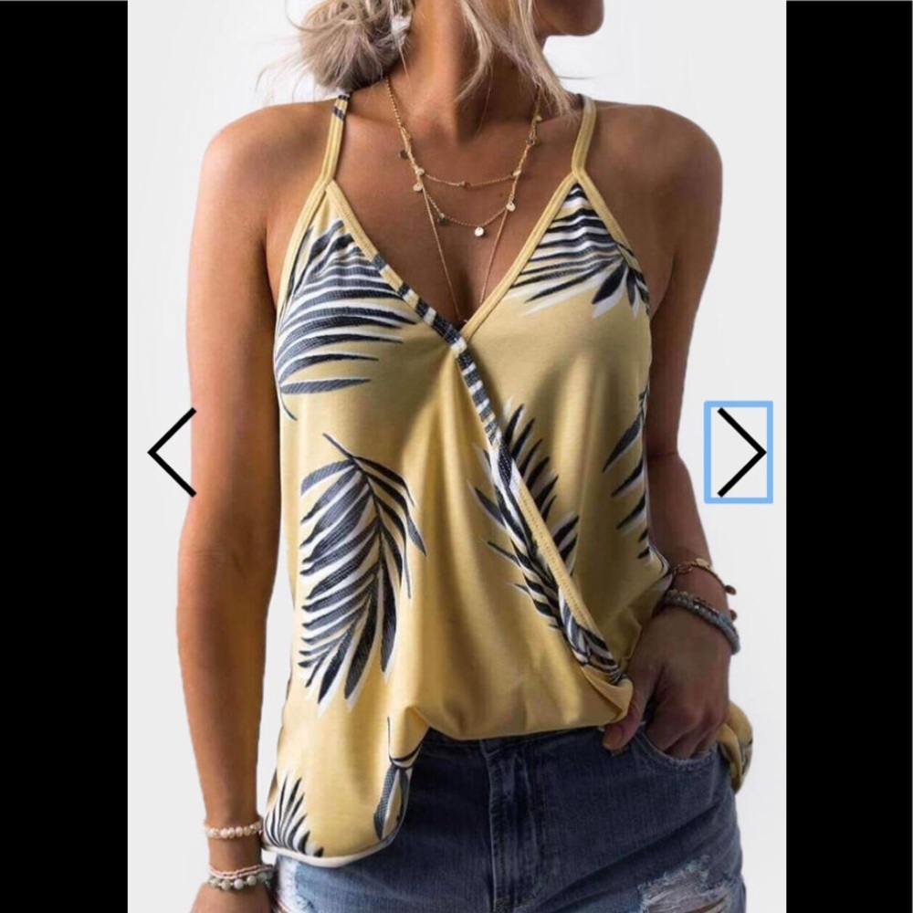 Deep V Neck Yellow Leafs Design Deep V Spaghetti Straps Camisole Style Shirt